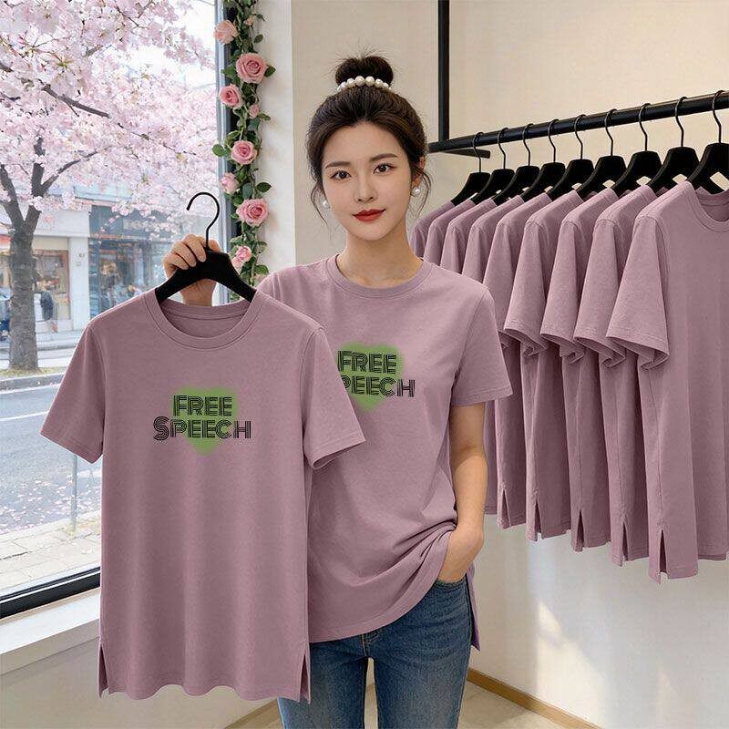 时尚纯棉中长款短袖开叉T恤女