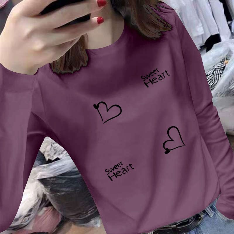 100%纯棉长袖打底衫T恤女秋冬新款韩版洋气百搭宽松显瘦印花上衣