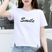 T恤女夏季 新款 宽松显瘦内搭小衫 100%纯棉白色短袖 圆领开叉体恤衫