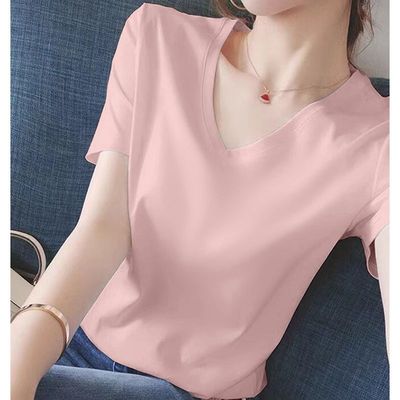100%纯棉V领短袖T恤女夏季