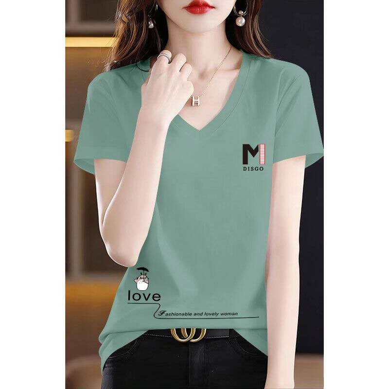 100%纯棉短袖V领印花T恤女夏季时尚洋气新款百搭显瘦基础款上衣服