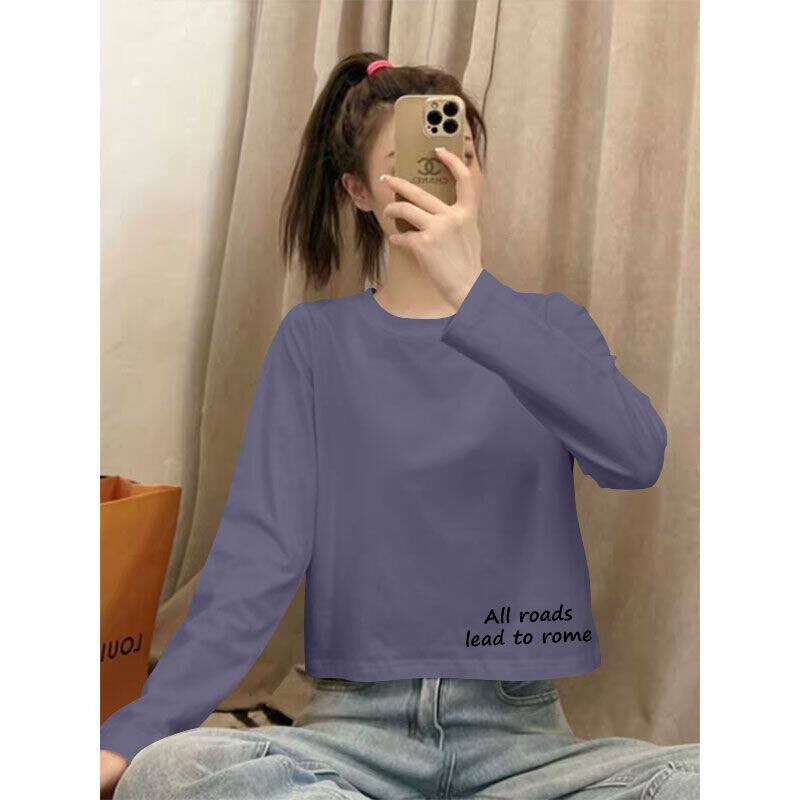 秋冬爆款纯棉高腰短款打底衫长袖T恤女韩版洋气宽松遮肉显瘦上衣