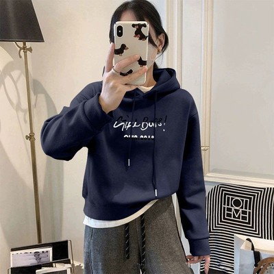 藏青色加绒加厚连帽短款卫衣女