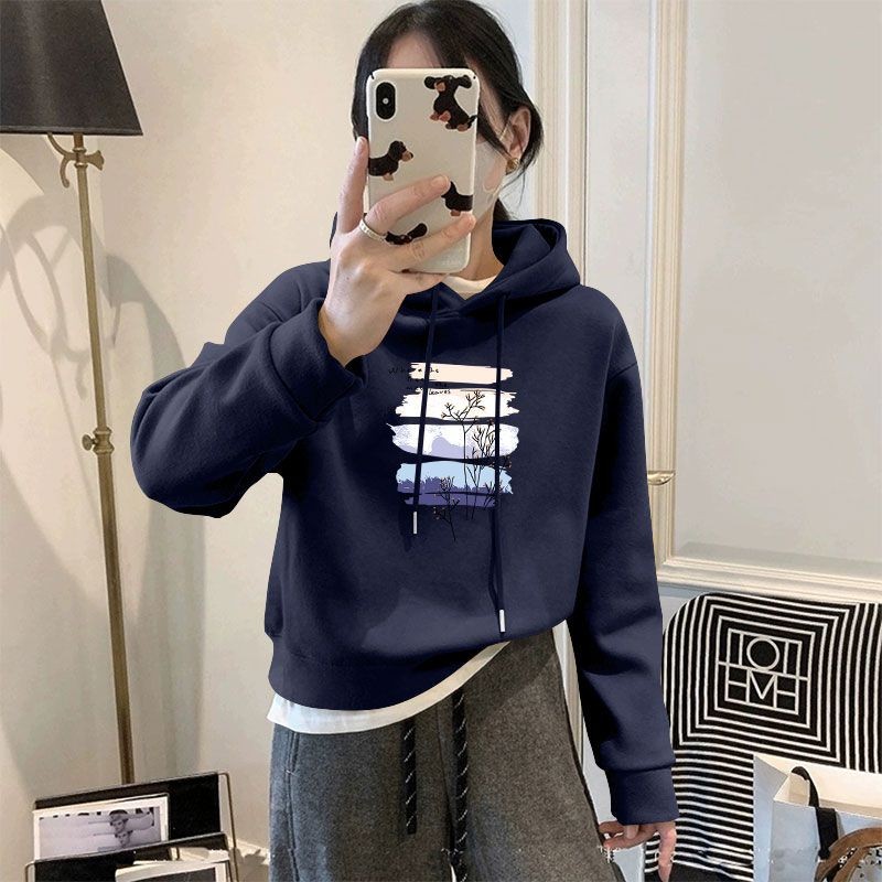 藏青色加绒加厚纯棉连帽卫衣