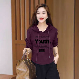 春秋新款纯棉连帽短款卫衣女时尚潮流设计感小个子休闲印花上衣服