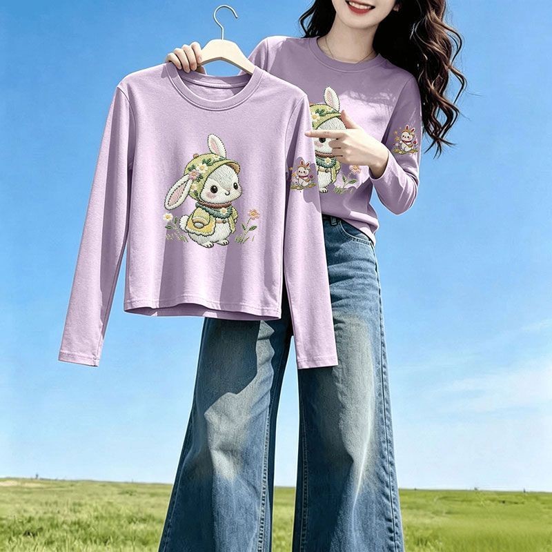 纯棉芋紫色长袖印花圆领T恤女