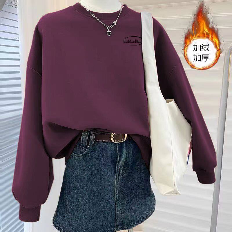 纯棉加绒保暖圆领短款卫衣秋冬款韩版洋气ins安可拉红加厚上衣女