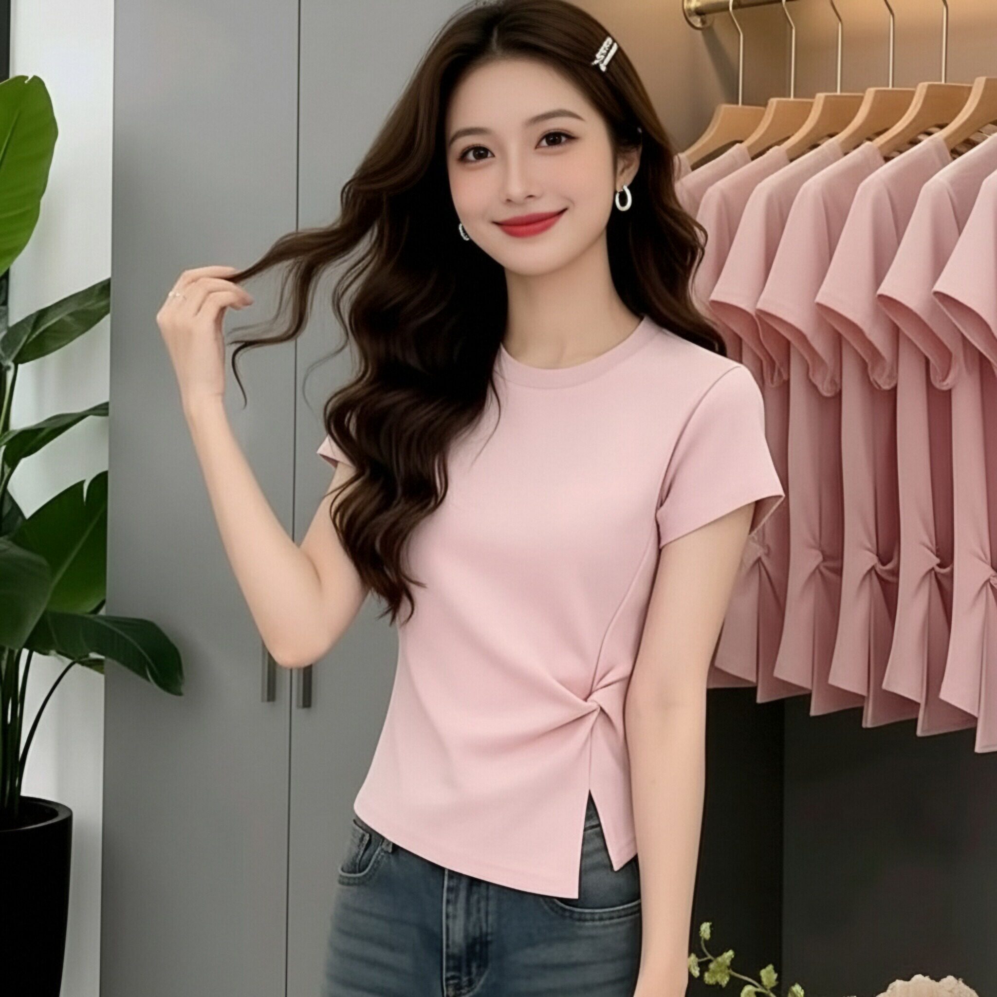 韩系扭结开叉短袖T恤女时尚
