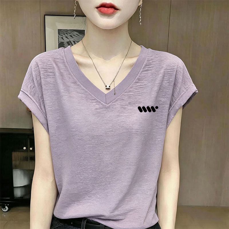 飞飞袖芋紫色短袖V领印花T恤女