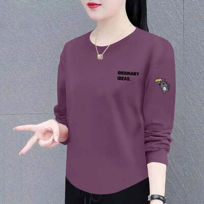 纯棉弧形长袖圆领T恤女春秋新款