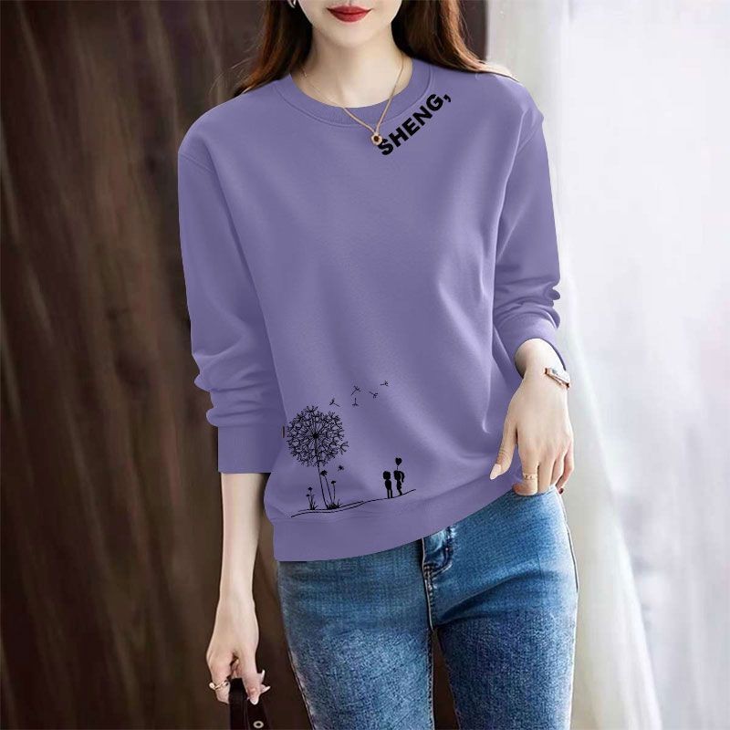 秋冬款女士纯棉圆领卫衣时尚洋气新款百搭减龄宽松显瘦印花上衣服