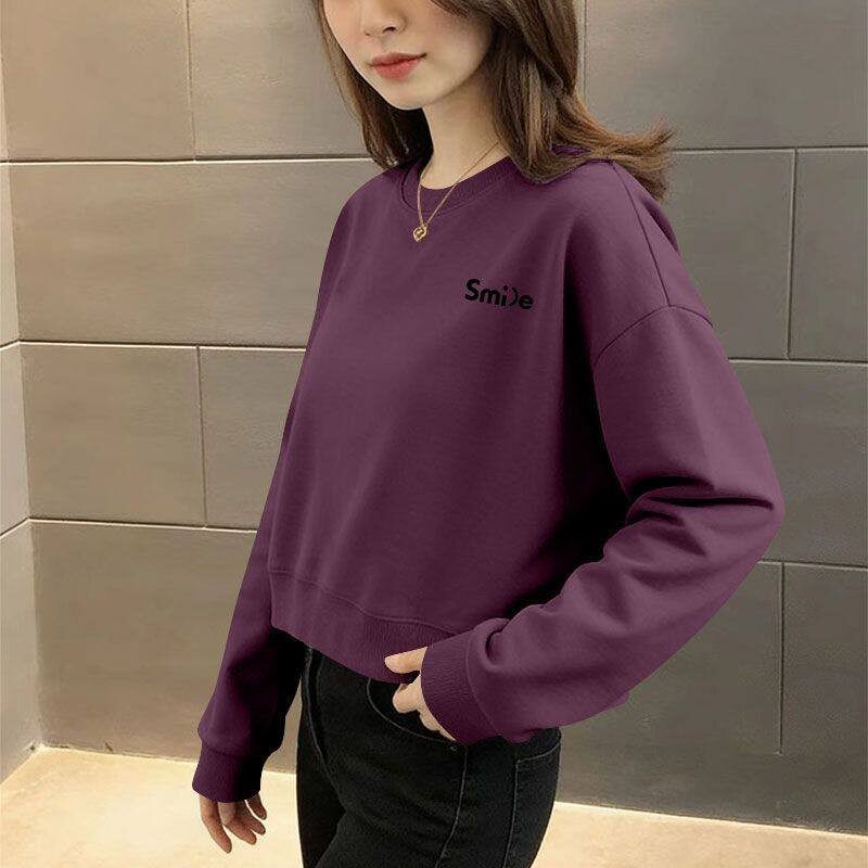 葡萄紫加绒加厚短款纯棉卫衣女秋冬新款时尚洋气韩版慵懒风上衣服