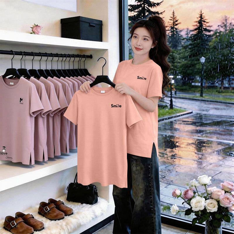 纯棉粉色短袖开叉中长款T恤女