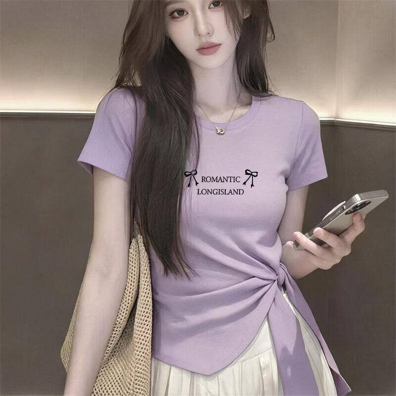 芋紫色气质短袖开叉绑带T恤女夏季新款时尚潮流百搭显瘦圆领上衣