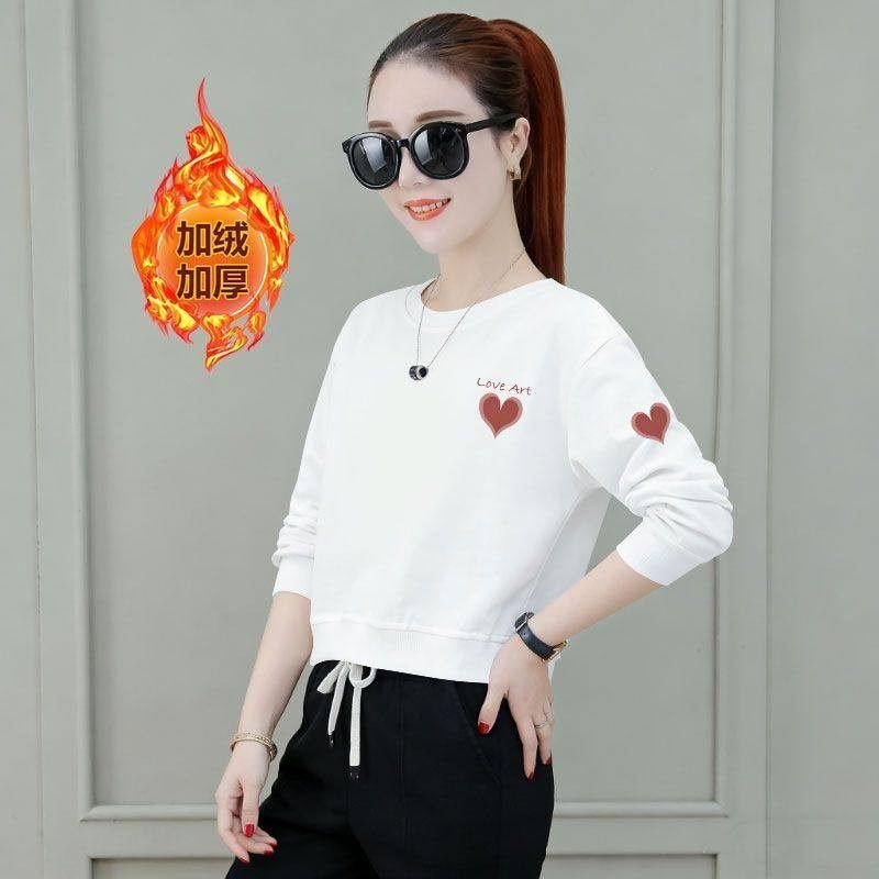 秋冬加绒加厚短款纯棉卫衣女时尚潮流百搭减龄小个子印花套头上衣