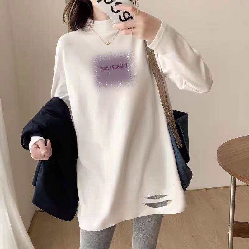 秋冬纯棉白色半高领加绒破洞打底衫女韩版洋气百搭宽松中长款上衣