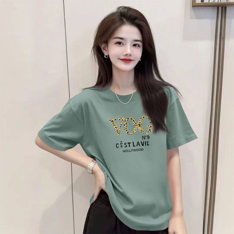 洋气短袖纯棉夏季圆领t恤衫女大码新款中长款潮流字母印花上衣ins
