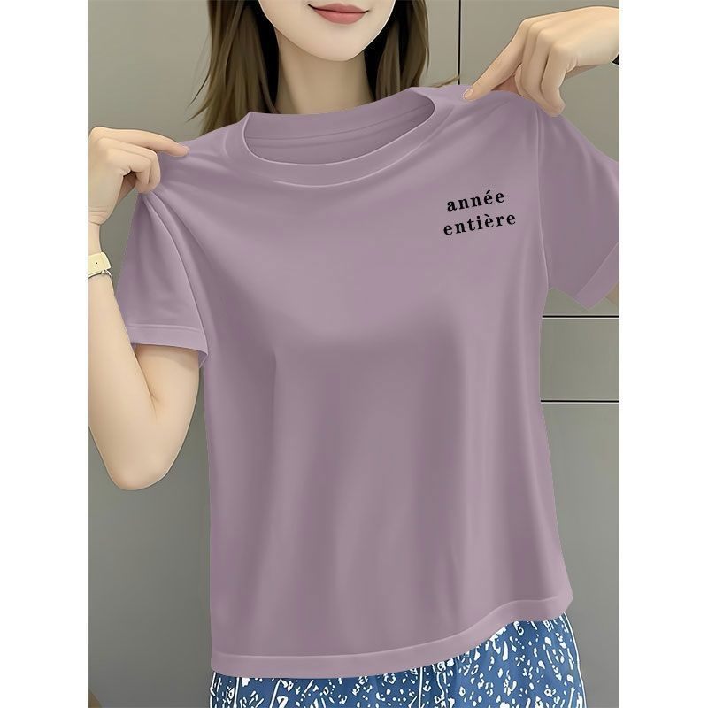 夏季纯棉圆领短袖印花T恤女时尚减龄百搭通勤宽松遮肚显瘦上衣服