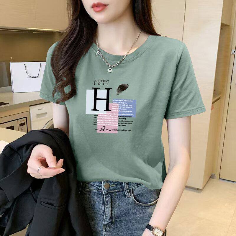 100%纯棉短袖印花圆领T恤女