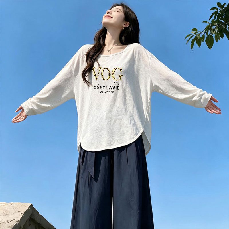 竹节棉长袖印花罩衫T恤女