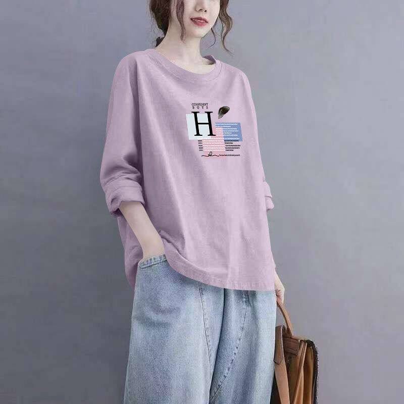 春秋爆款100%纯棉长袖印花T恤女时尚韩版百搭宽松显瘦休闲上衣服