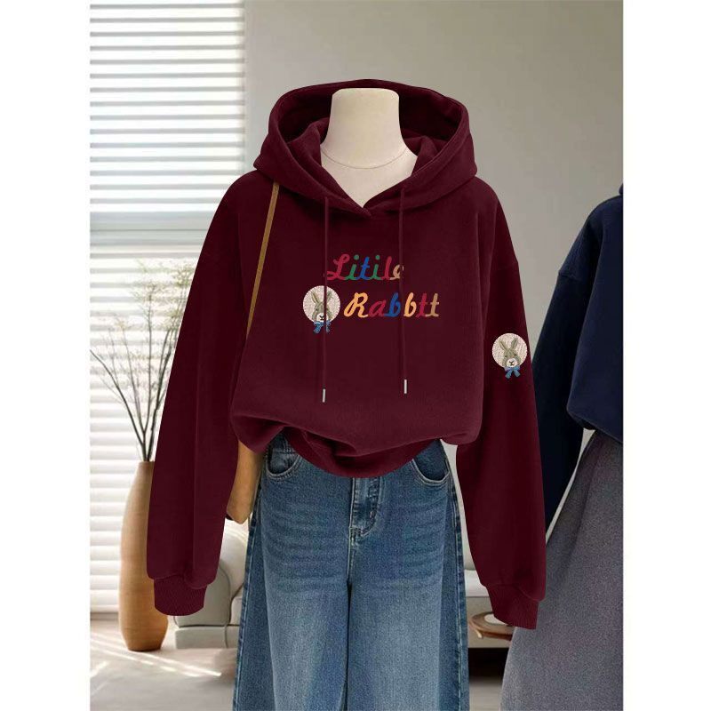 安可拉红加绒加厚连帽纯棉短款卫衣女秋冬时尚洋气百搭显瘦上衣服