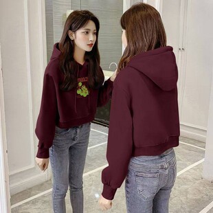 秋冬纯棉酒红色加绒加厚短款连帽卫衣女时尚韩版显瘦小个子上衣服