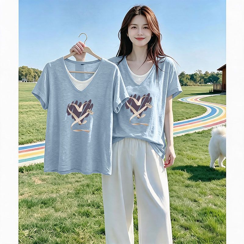 夏季竹节棉V领假两件短袖T恤女时尚潮流百搭显瘦设计感休闲上衣服