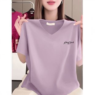 爆款 V领T恤时尚 夏季 纯棉女士短袖 上衣服 新款 潮流百搭减龄印花新款