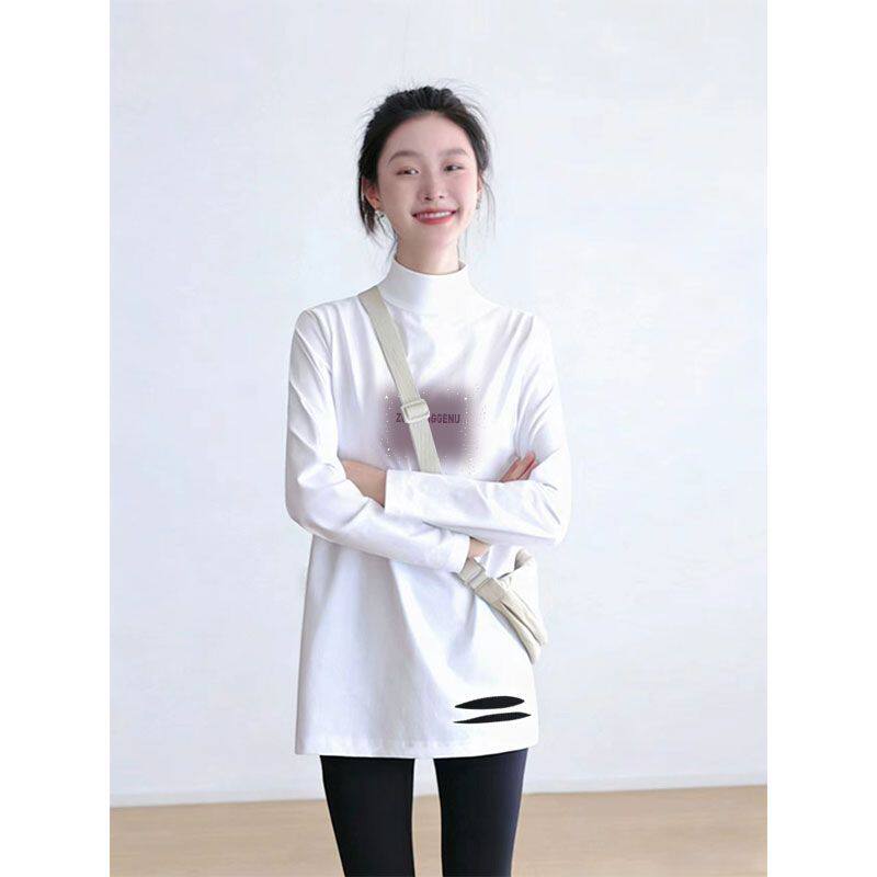 薄款/加绒 纯棉半高领中长款打底衫女秋冬时尚潮流百搭洋气上衣潮