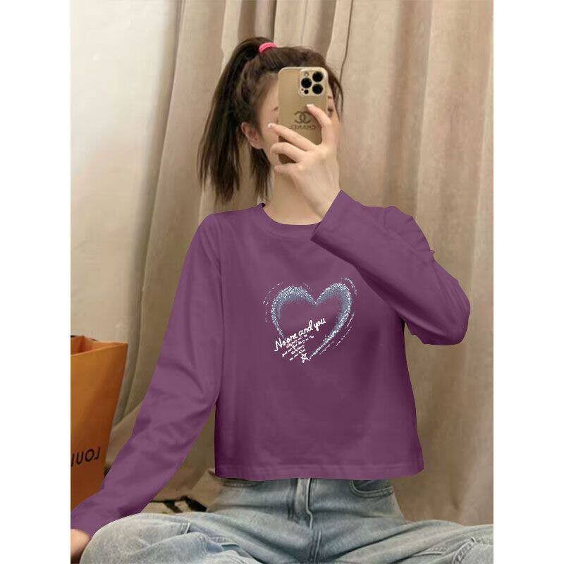 春秋100%纯棉高腰短款长袖印花T恤女时尚新款洋气宽松显瘦上衣服