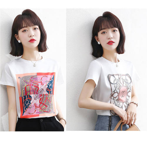 真丝缎面短袖t恤女气质韩版宽松显瘦洋气夏季印花百搭圆领ins上衣
