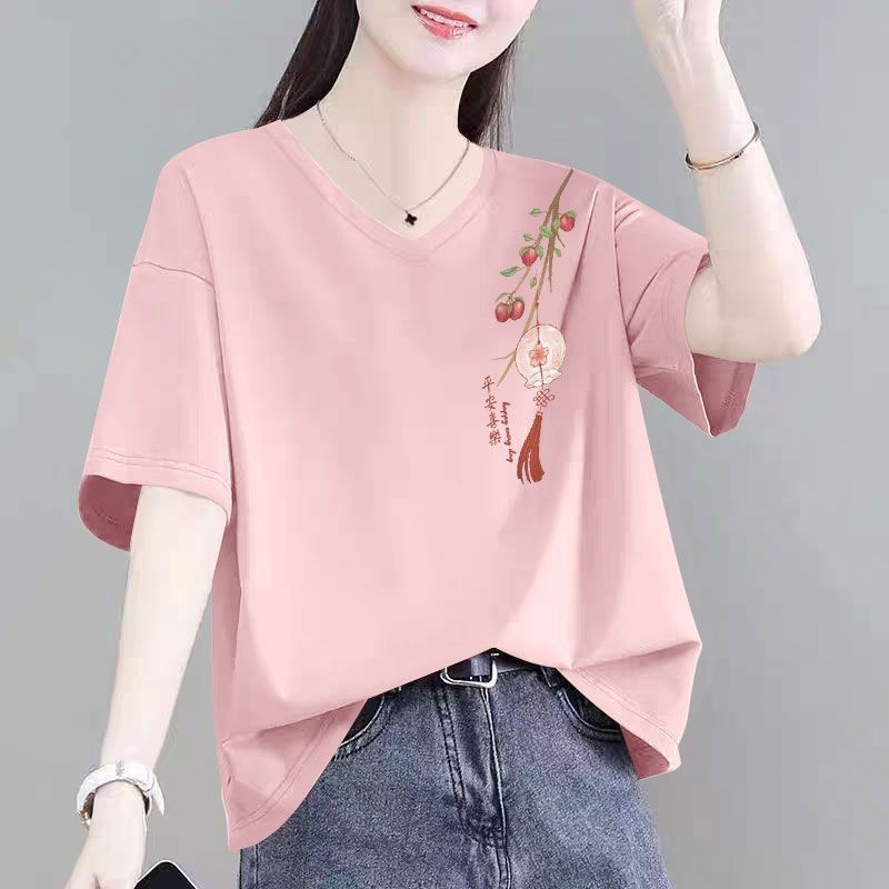 100%纯棉V领女士短袖T恤夏季新款韩版洋气减龄百搭显瘦印花上衣服
