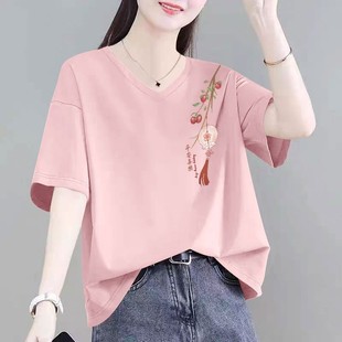 洋气减龄百搭显瘦印花上衣服 100%纯棉V领女士短袖 T恤夏季 新款 韩版