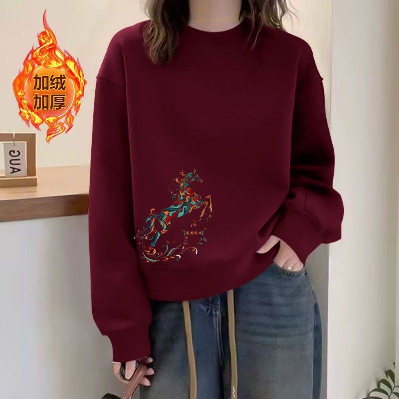 加绒加厚纯棉短款新年卫衣女时尚潮流百搭显瘦小个子本命年上衣服