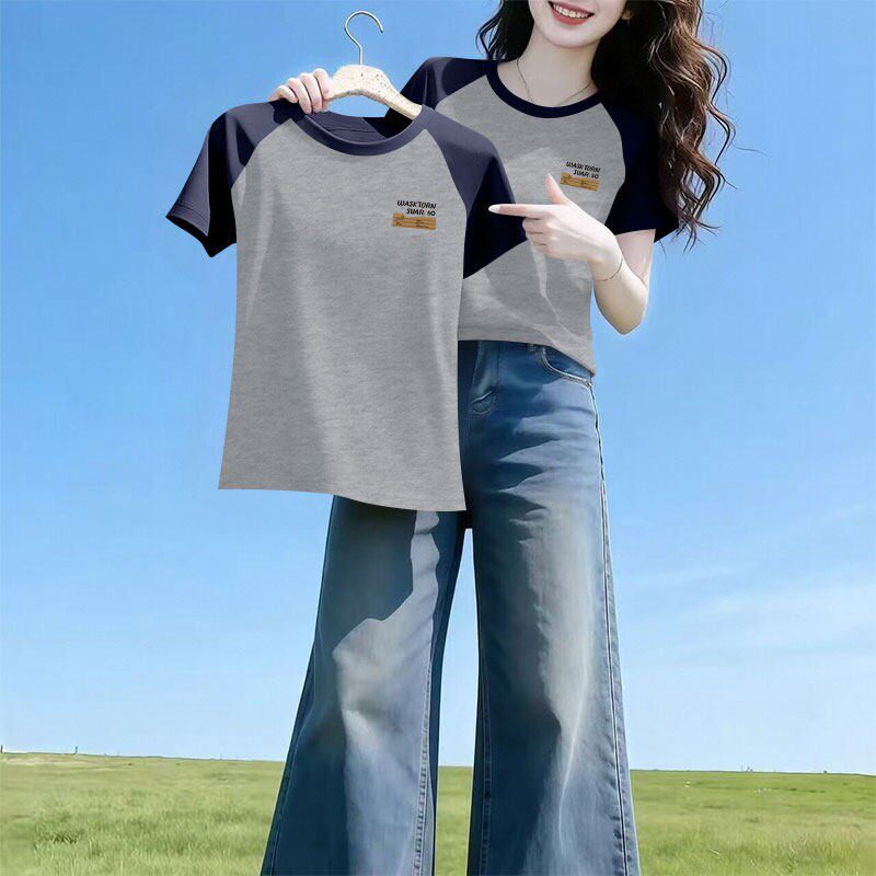 新款纯棉时尚短袖撞色T恤女