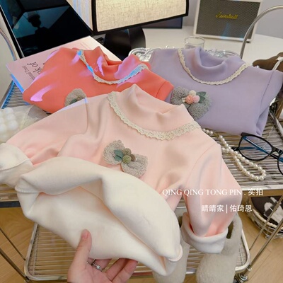 秋冬季新款女童打底衫加绒加厚儿童内搭洋气保暖上衣女宝一体绒