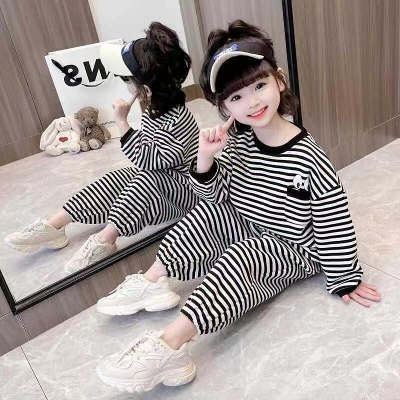 儿童春秋新款条纹套装宝宝韩版休闲洋气两件套长袖男女童秋款卫衣