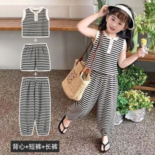 新款无袖条纹女童套装夏季时尚洋气背心T恤韩范儿童三件套