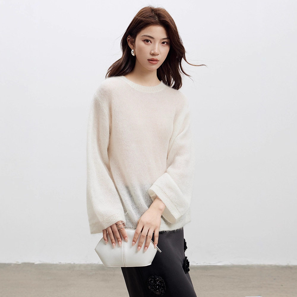 简约风马海毛毛衣女微透宽松针织衫2025秋季新款女装长袖羊毛罩衫