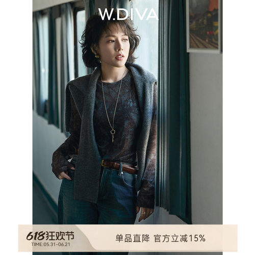 W.Diva繁花网纱打底T恤慵懒风
