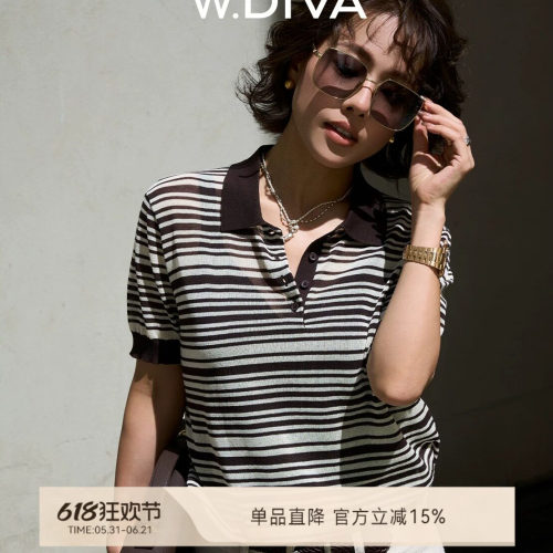 爱莉诗长绒棉条纹短袖针织衫