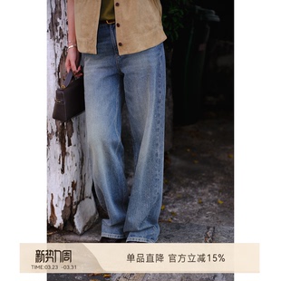 做旧水洗高腰复古烫钻直筒女士牛仔裤 W.Diva 满赚牛仔