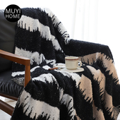 MUYI HOME秋冬撞色电波纹半边绒毛毯客厅沙发毯午睡毯盖毯子床上