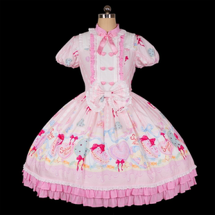 古早日牌感 原创Lolita 纯棉印花连衣裙 粉色甜美系 恋恋马卡龙OP