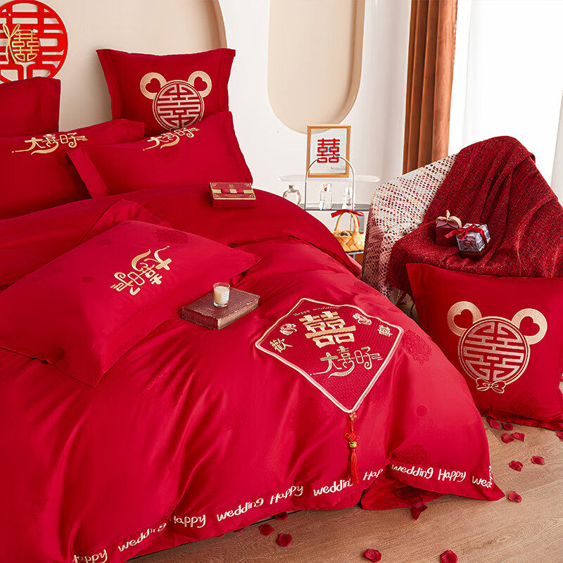 100支长绒棉婚庆四件套纯棉大红色结婚床上用品全棉喜庆套件大喜