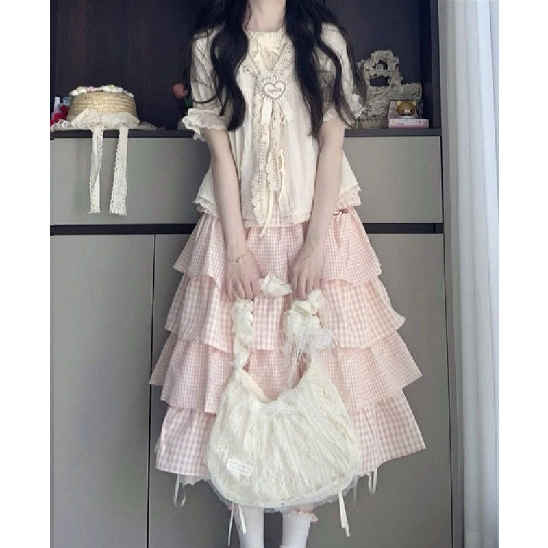 少女感甜妹套装花边短袖衬衫上衣+粉色格子中长款蛋糕半裙两件套