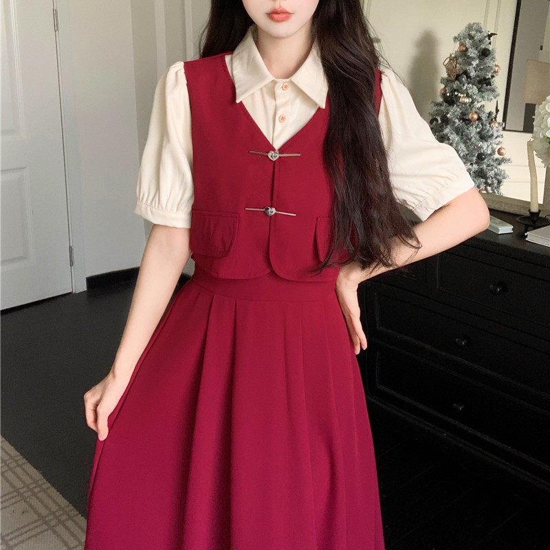 大码短袖连衣裙女夏季新款套装裙子假两件教资面试中学生礼服长裙