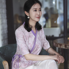 китайский костюм 复古文艺轻中式中国风纯棉斜襟汉服上衣女禅茶服夏款v领修身显瘦