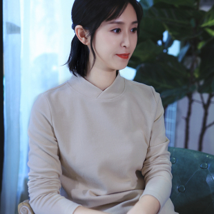 文艺百搭纯棉单穿打底衫 t恤立领交领上衣女春秋 通勤中国风长袖